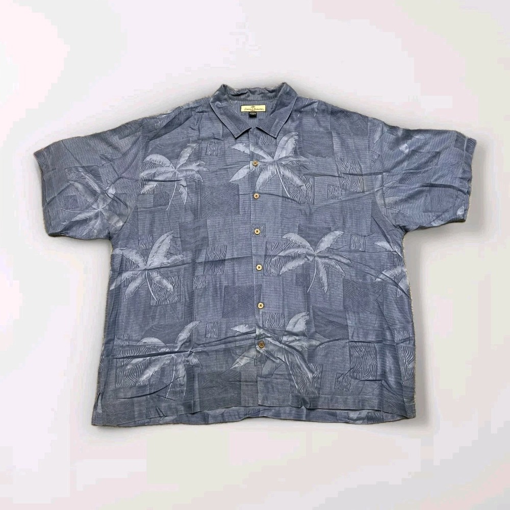 Tommy Bahama Silk Button Up Shirt Mens XXL Blue Palm Tree Jacquard Camp Shirt